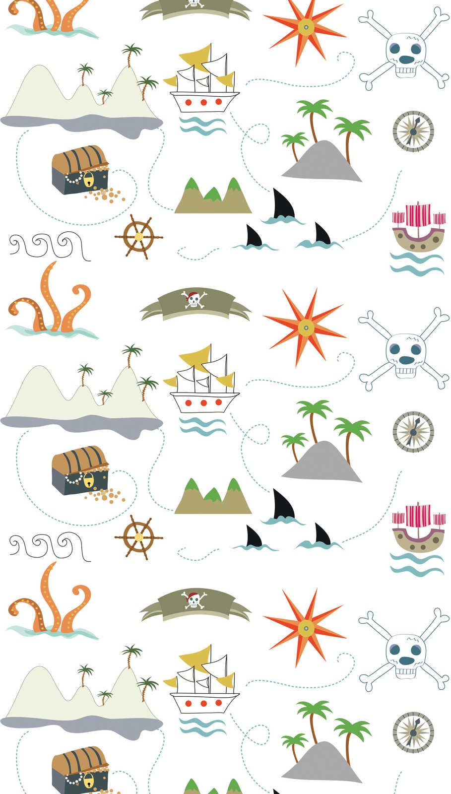 Kindermotiv Vliestapete mit Piratensymbolen – Bunt, Creme, Grau
