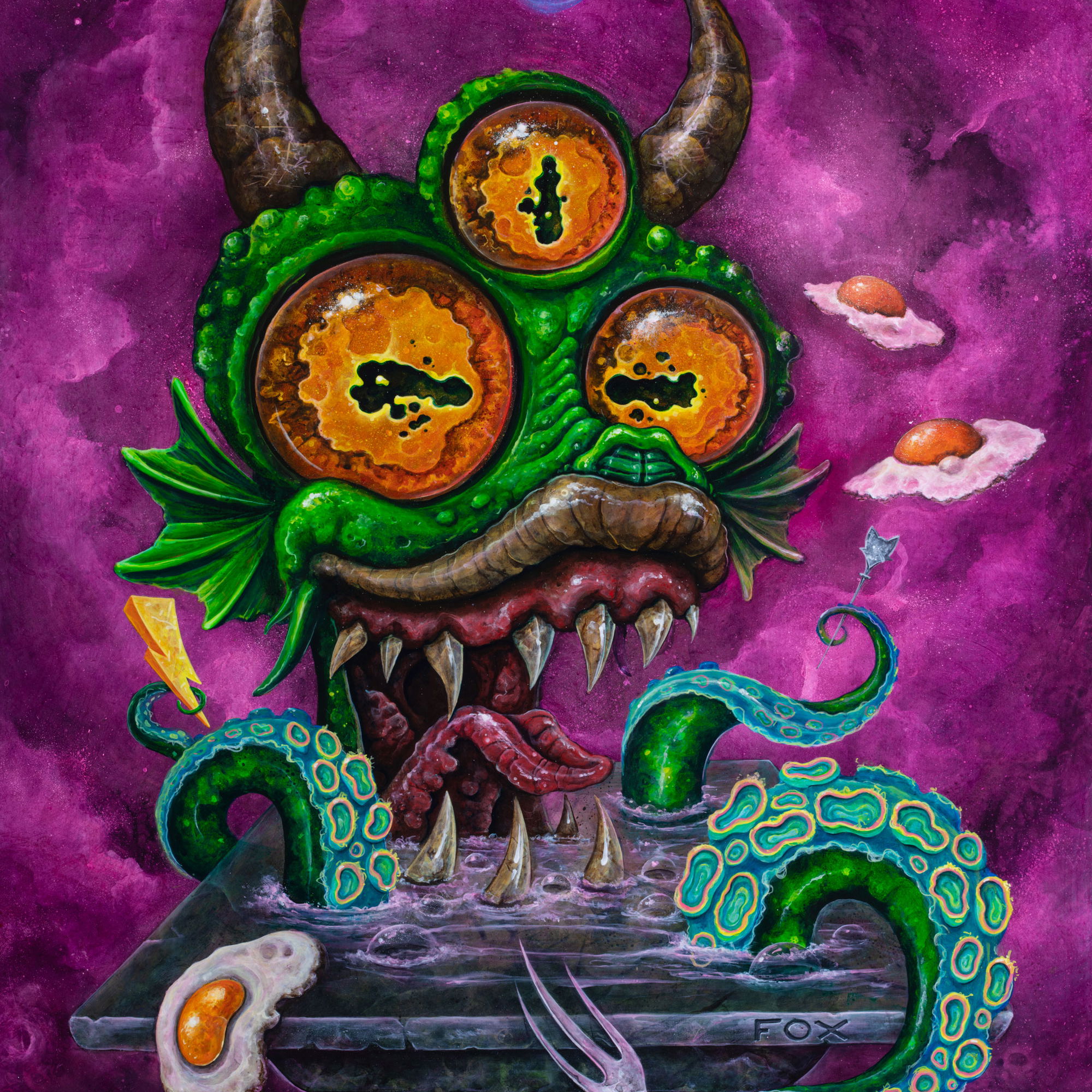         Mystical monster wall mural - fantasy creatures in vivid purple and green tones, smooth surface with a slight sheen - Colourful
    