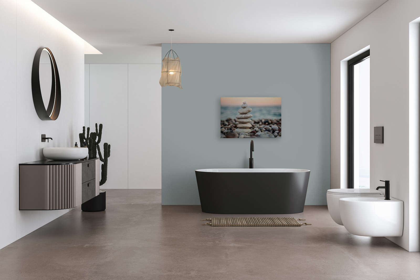             Leinwand mit Steinturm am Meer | grau, blau – 0,90 m x 0,60 m
        