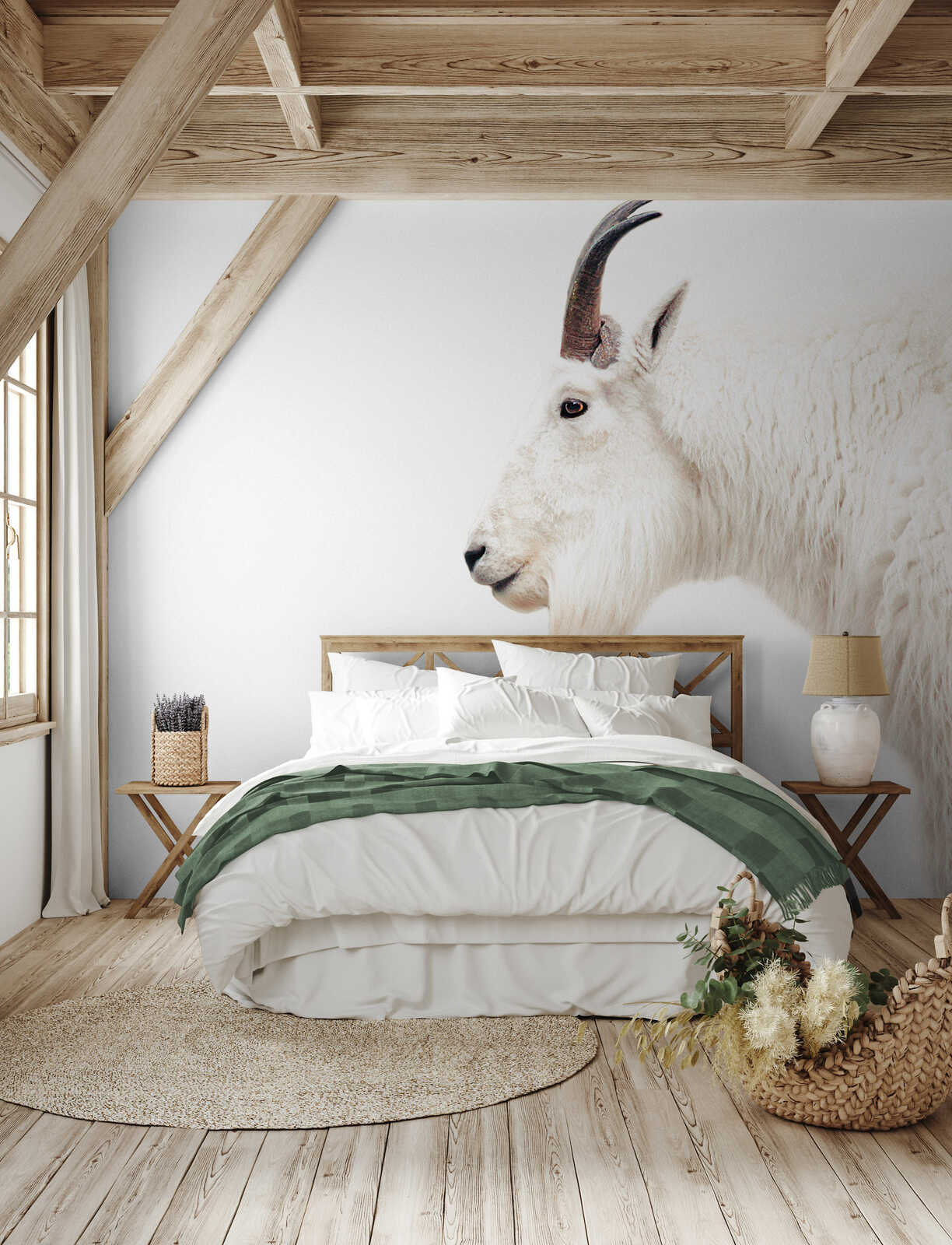 Schlafzimmer, Bett, Bettdecken, Holzboden, Wandkunst