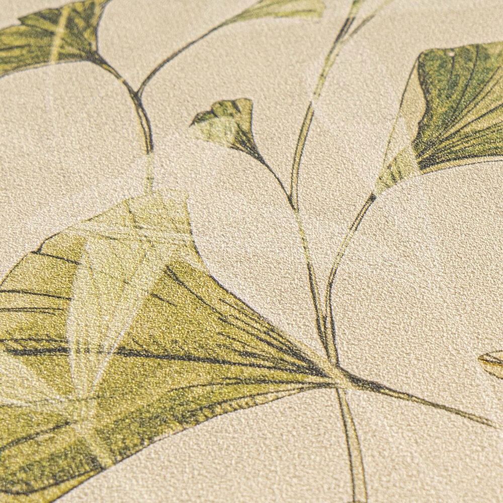             Helle und harmonische Vliestapete mit natürlichem Blätterrankenmuster, ebenmäßig strukturiert – Vreme, Grün
        