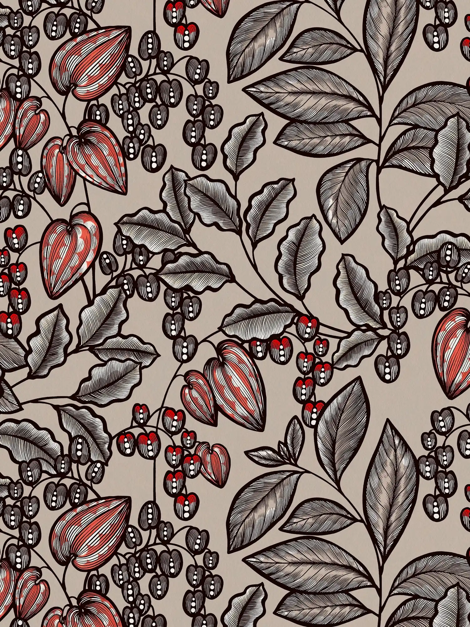 Tapete Greige modernes Blumen & Blätter Design – Braun, Grau, Rot