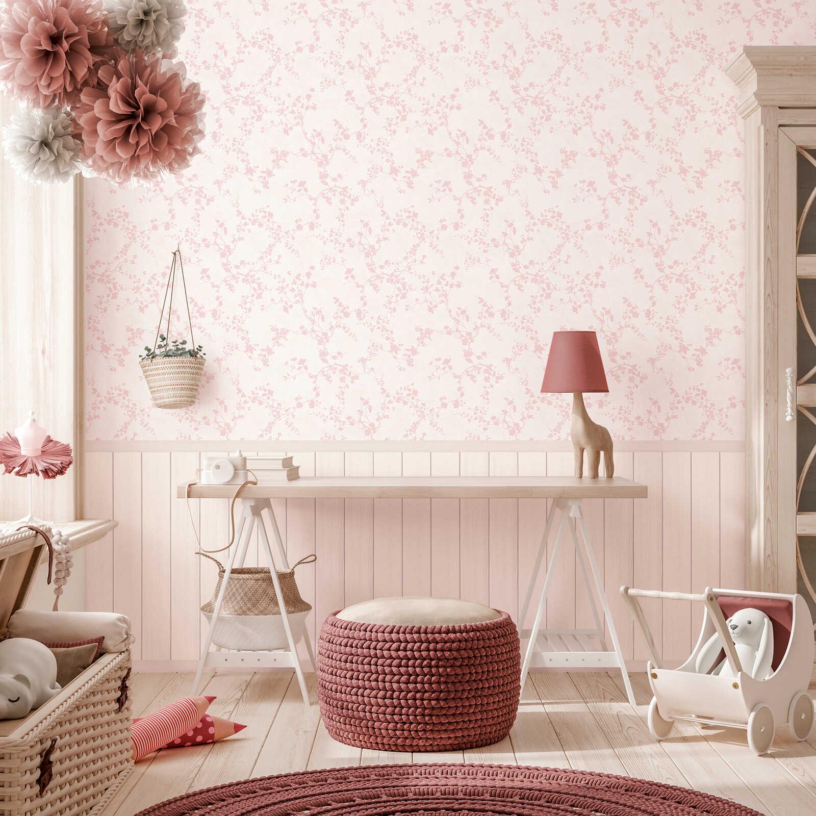         Delicate floral non-woven wallpaper panel 159cm wide x 280cm high - Pastel accents for a dreamy children's room, smooth surface - cream, pink
    