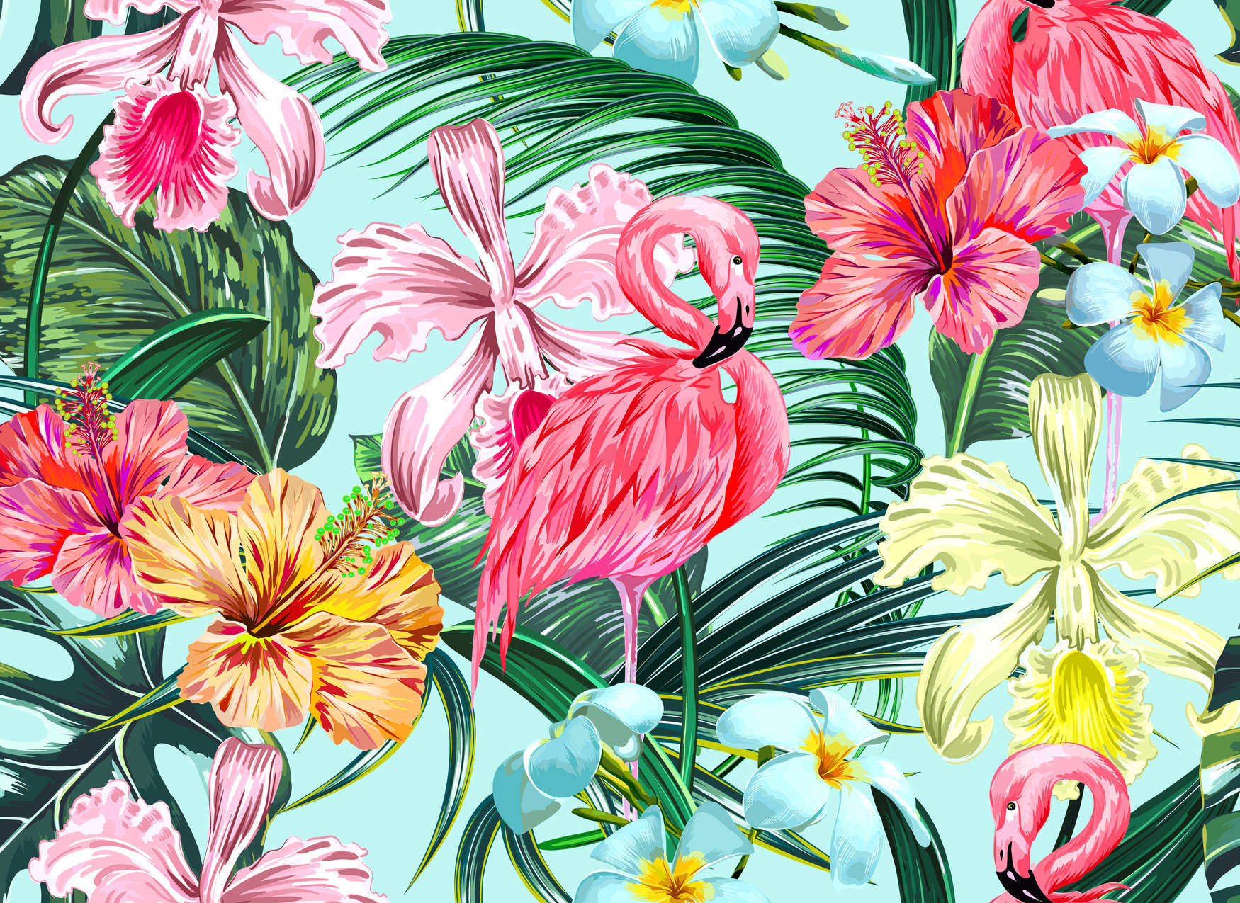 Flamingo, tropical, Hülle?, Palmenblätter, Hibiskus