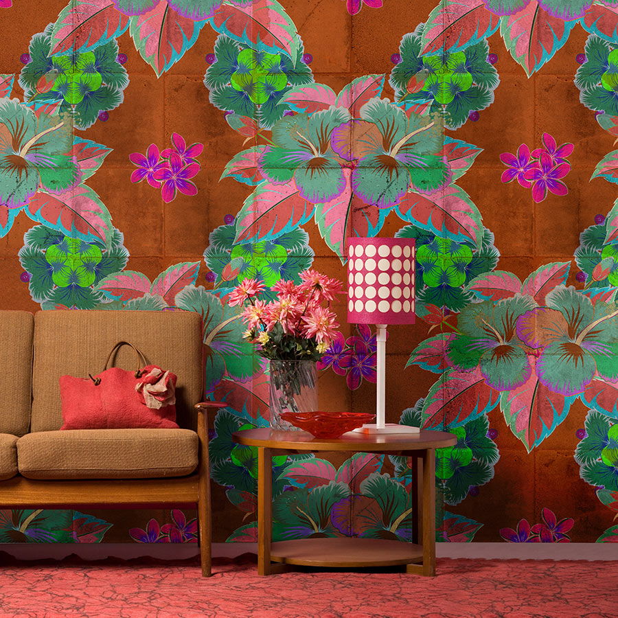         Digital behang »pierre« - Bladmotief met caleidoscoopeffect op betonnen tegelstructuur - Glad, licht glanzend premium vliesweefsel
    