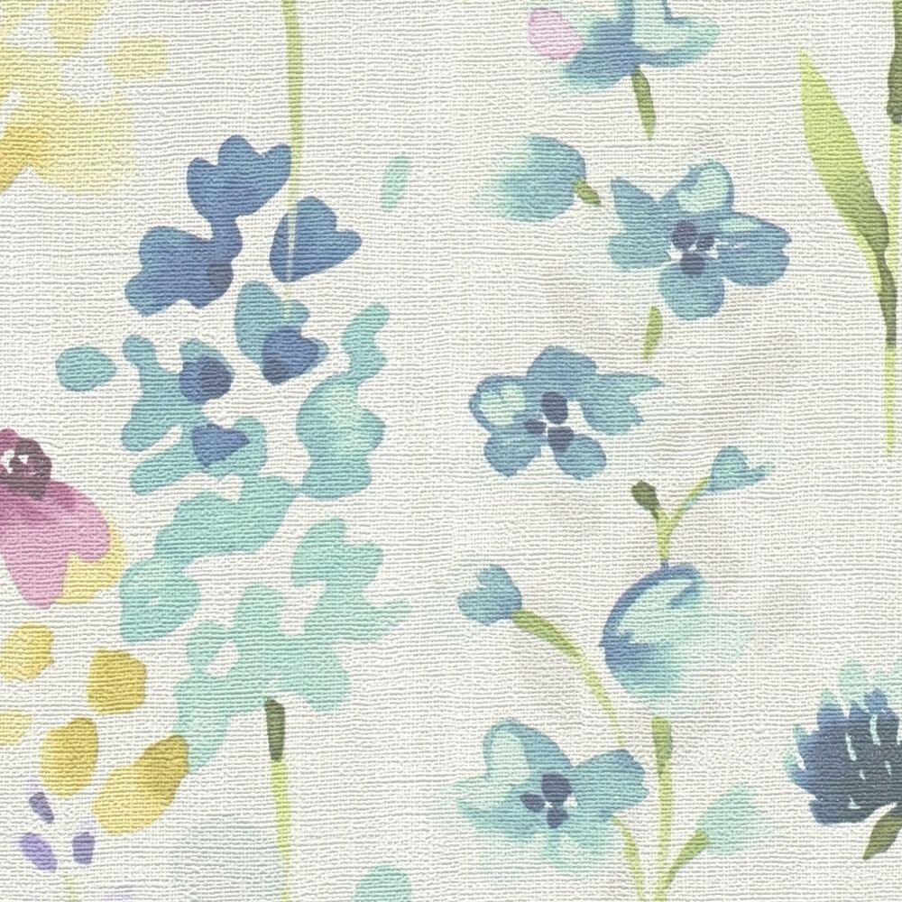 Bunte Blütenwiese-Tapete im Aquarelldesign – Bunt, Weiß, Pink