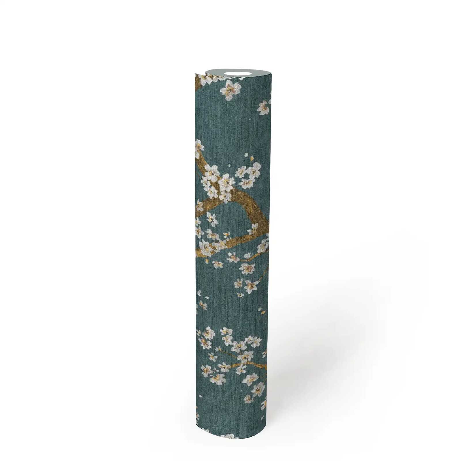 Elegante Vliestapete mit Kirschblütenmotiv, feiner Struktur – Blau, Gold, Creme