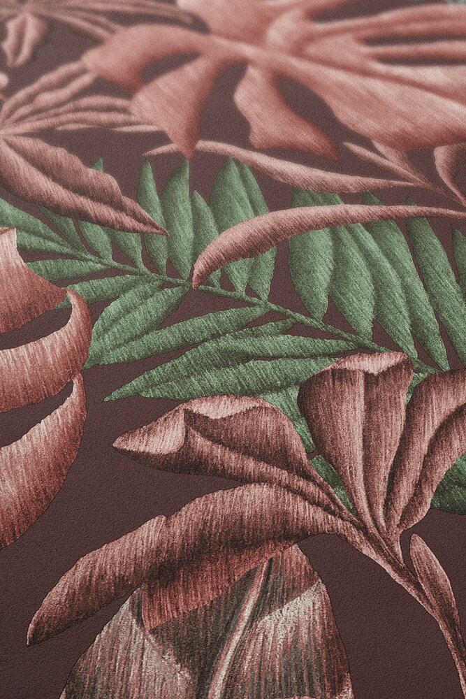             Bloemrijk vliesbehang met bladeren varen & bananenbladeren - roze, groen, turquoise
        