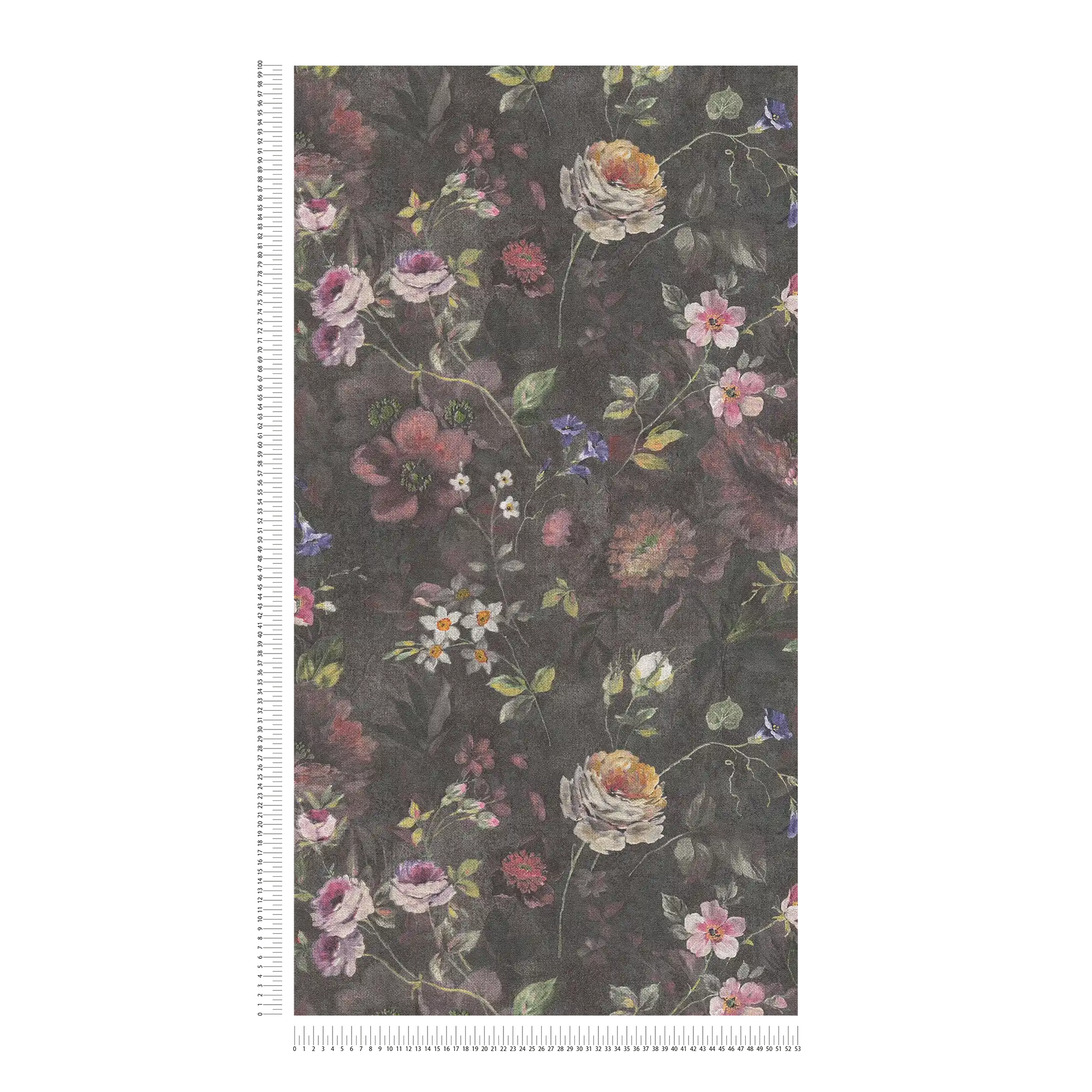             Papier peint intissé floral avec motif à fleurs sans PVC - noir, multicolore, vert
        