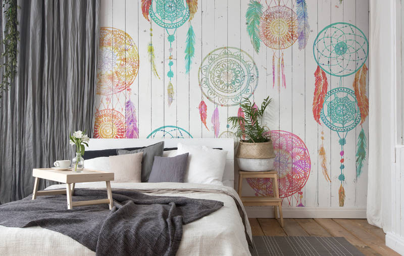             Boho mural with dream catcher & wood look - colourful, white, red
        