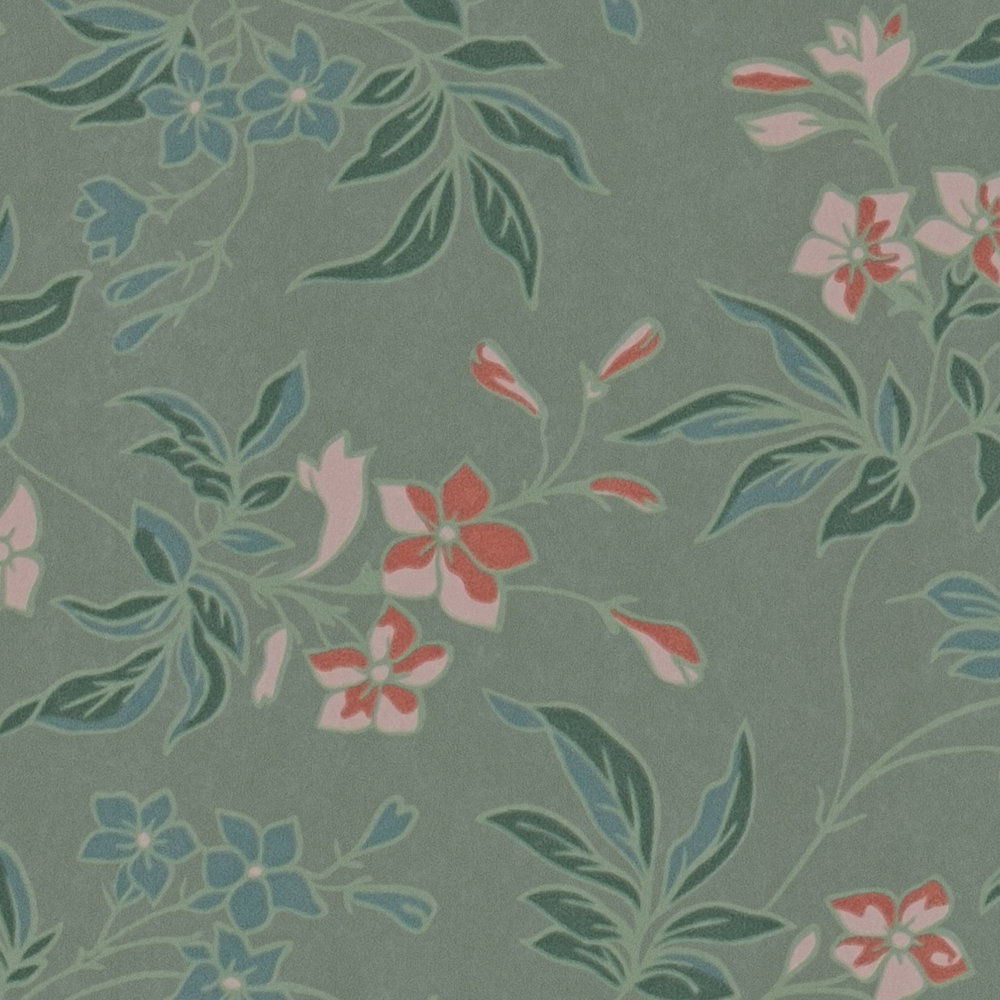 Blumentapete mit Blüten und Ranken – Grün, orange, Rosa