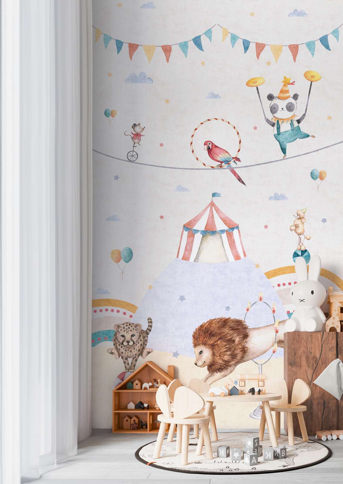             Zirkuszauber non-woven wallpaper panel 159cm wide x 280cm high - Cheerful animals and colourful accents for an imaginative children's room, smooth surface - Colourful
        