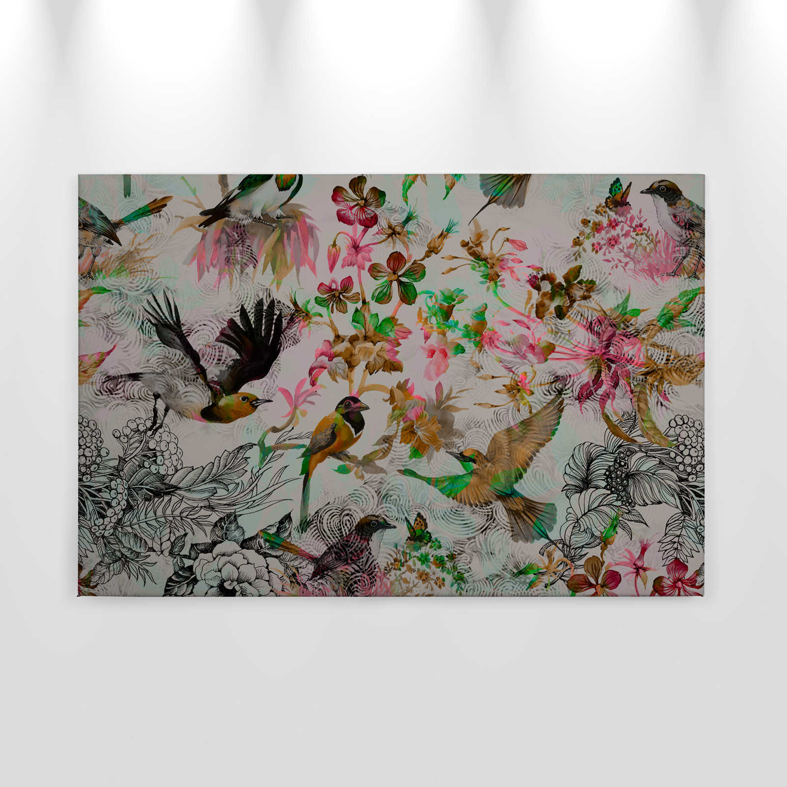 Leinwandbild Vögel &amp; Blumen im Collage Stil – 0,90 m x 0,60 m