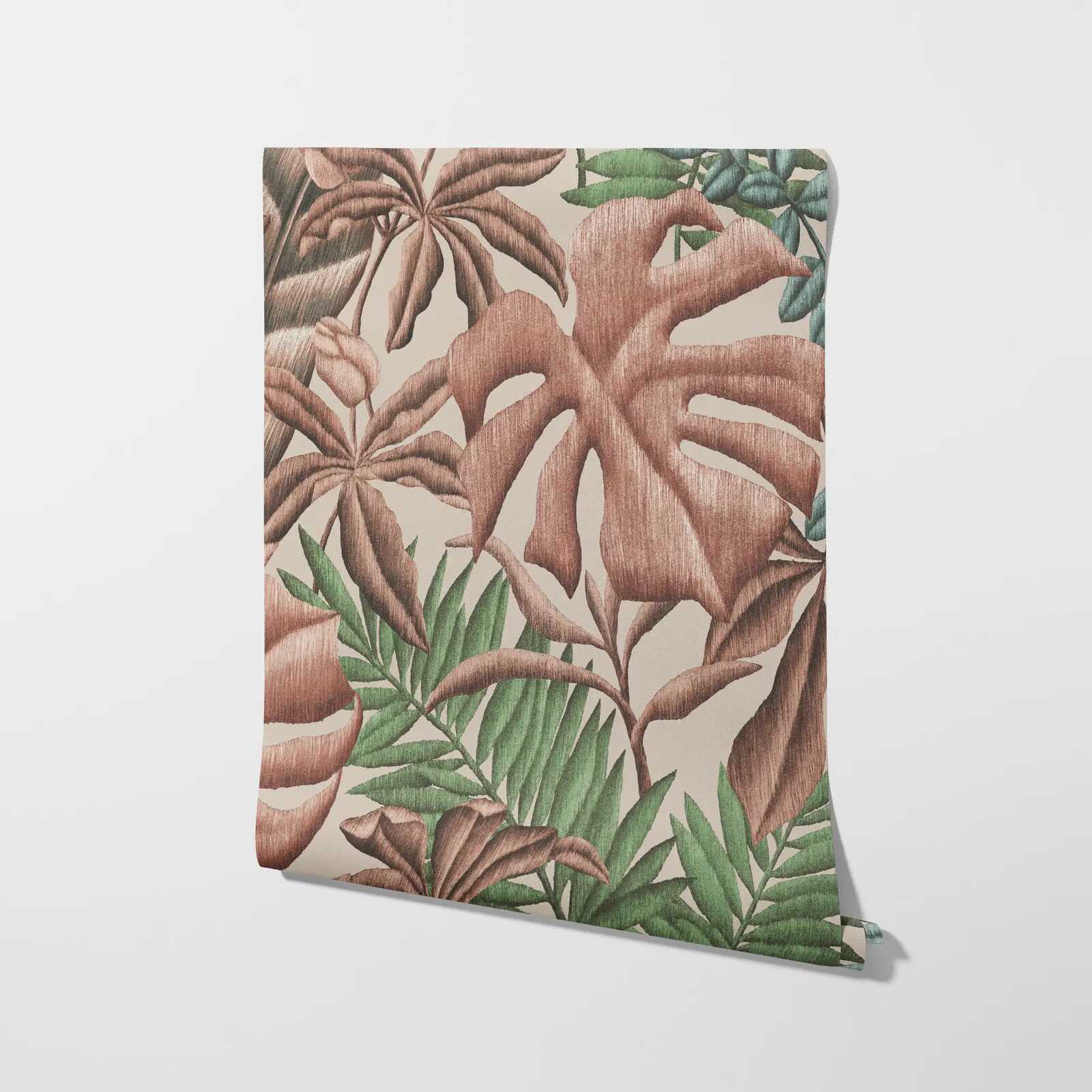             Bladpatroon vliesbehang met bananenbladeren & varen - roze, groen, crème
        