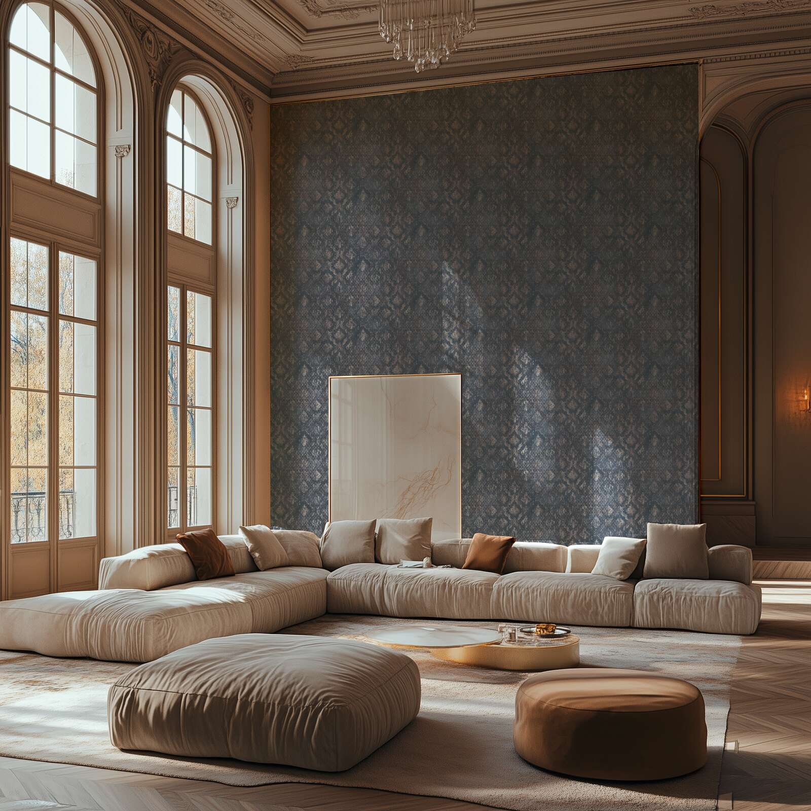 Detailreiche Vliestapete mit schimmernden Ornamenten und feiner Struktur – Blau, Silber, Metallic