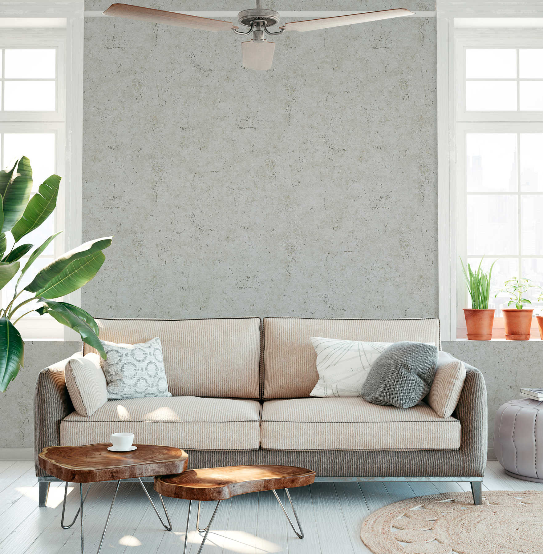             Behang met betonlook, optische barsten en poriën - Grijs
        