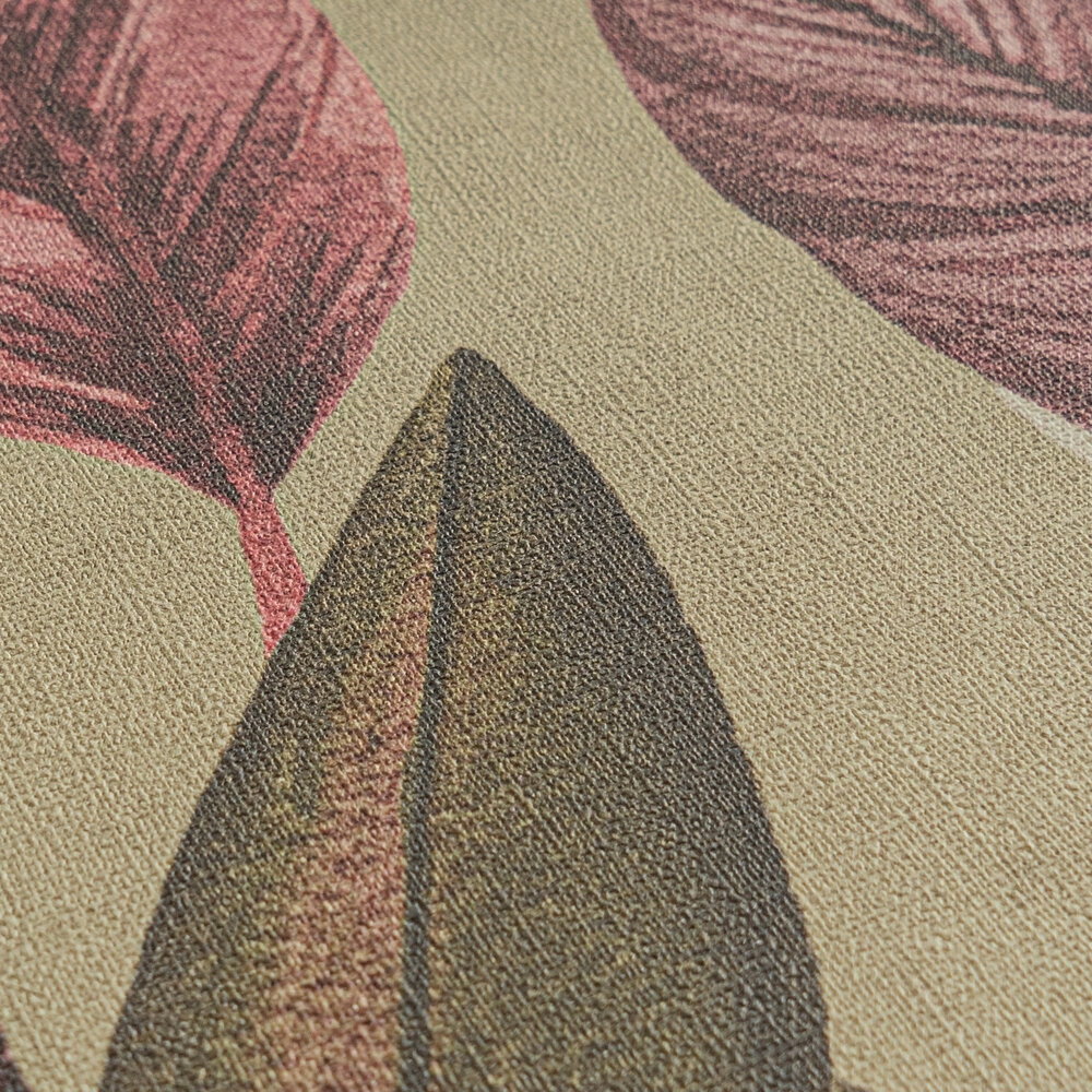             Stilvolle Vliestapete mit wildem Blättermotiv, feine Struktur – Braun, Pink
        