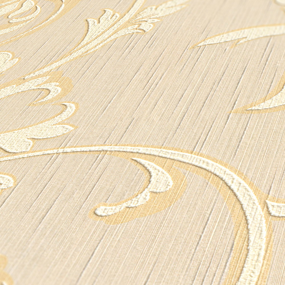 Ornament Tapete mit Seidenoptik – Creme, Gold, Beige