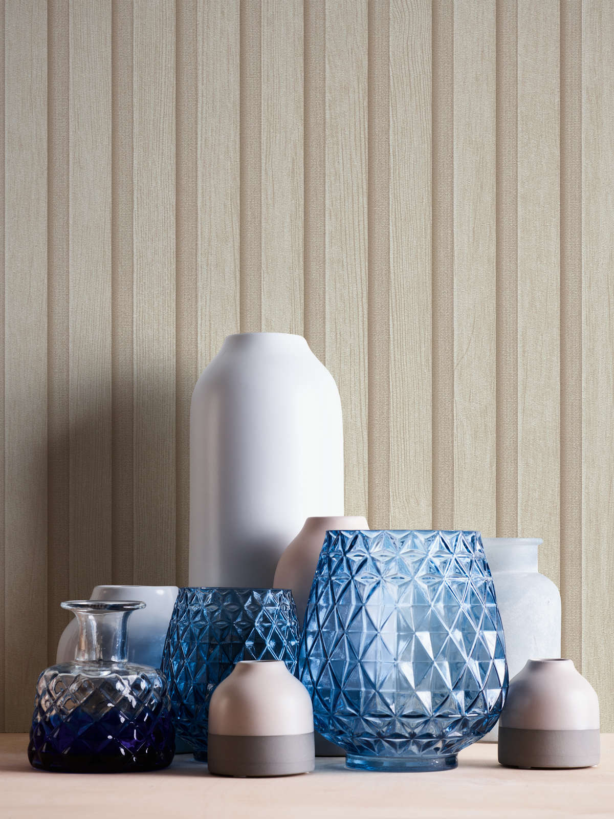             Vliestapete mit Holzoptik Akustikpaneel-Look – Creme, Beige
        