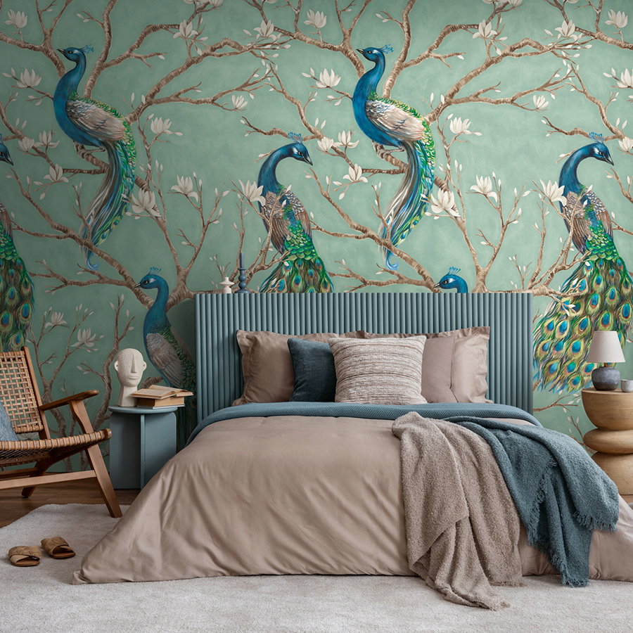 Pfau Wandbild, Wandbild, Wohnzimmer/Schlafzimmer Tapete, Türkis farbener Kopfbogen, neutrale Bettwäsche