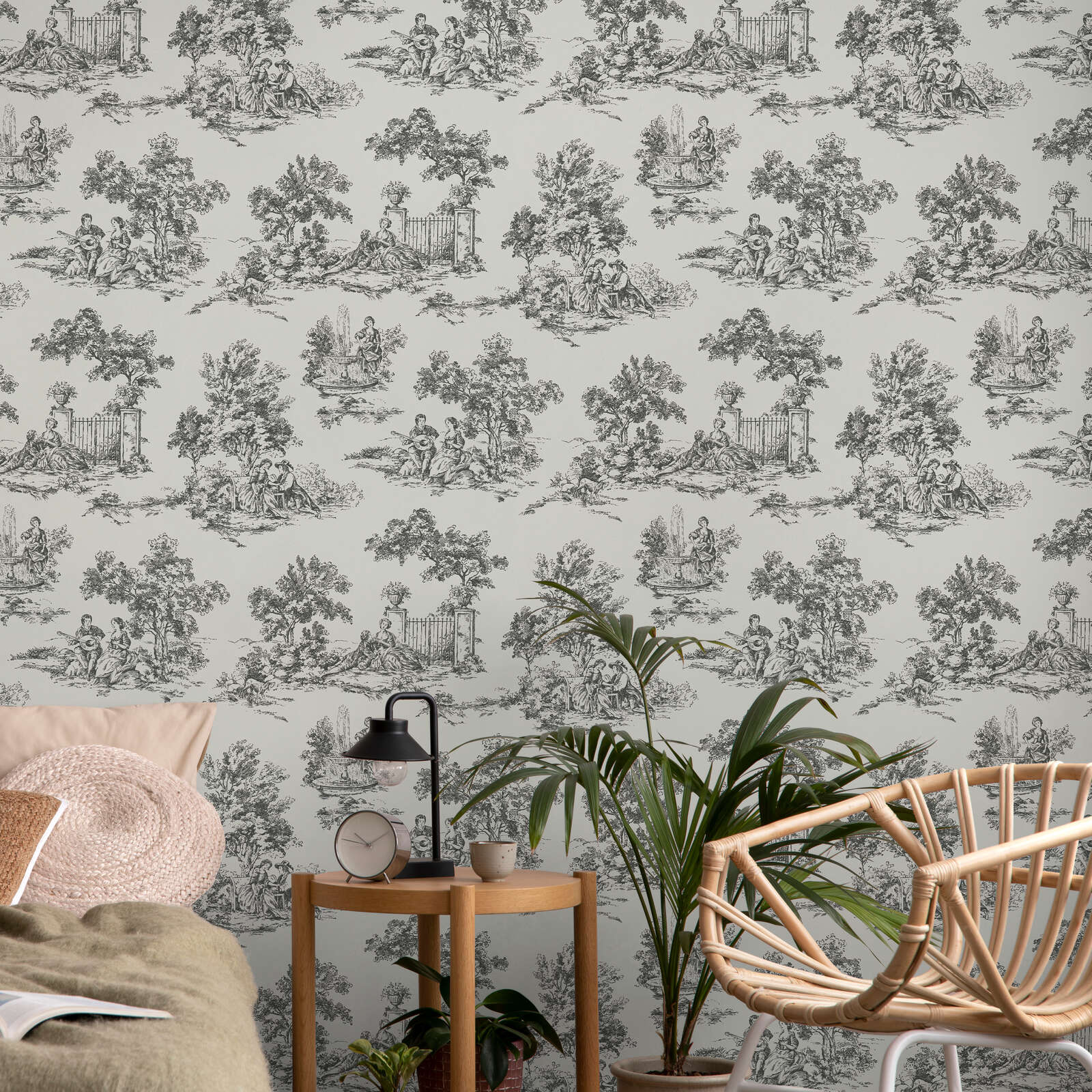 Wallpaper, Muster,  Toile-de-Jouy Stil, Grau-Graphik, Wohndekoration