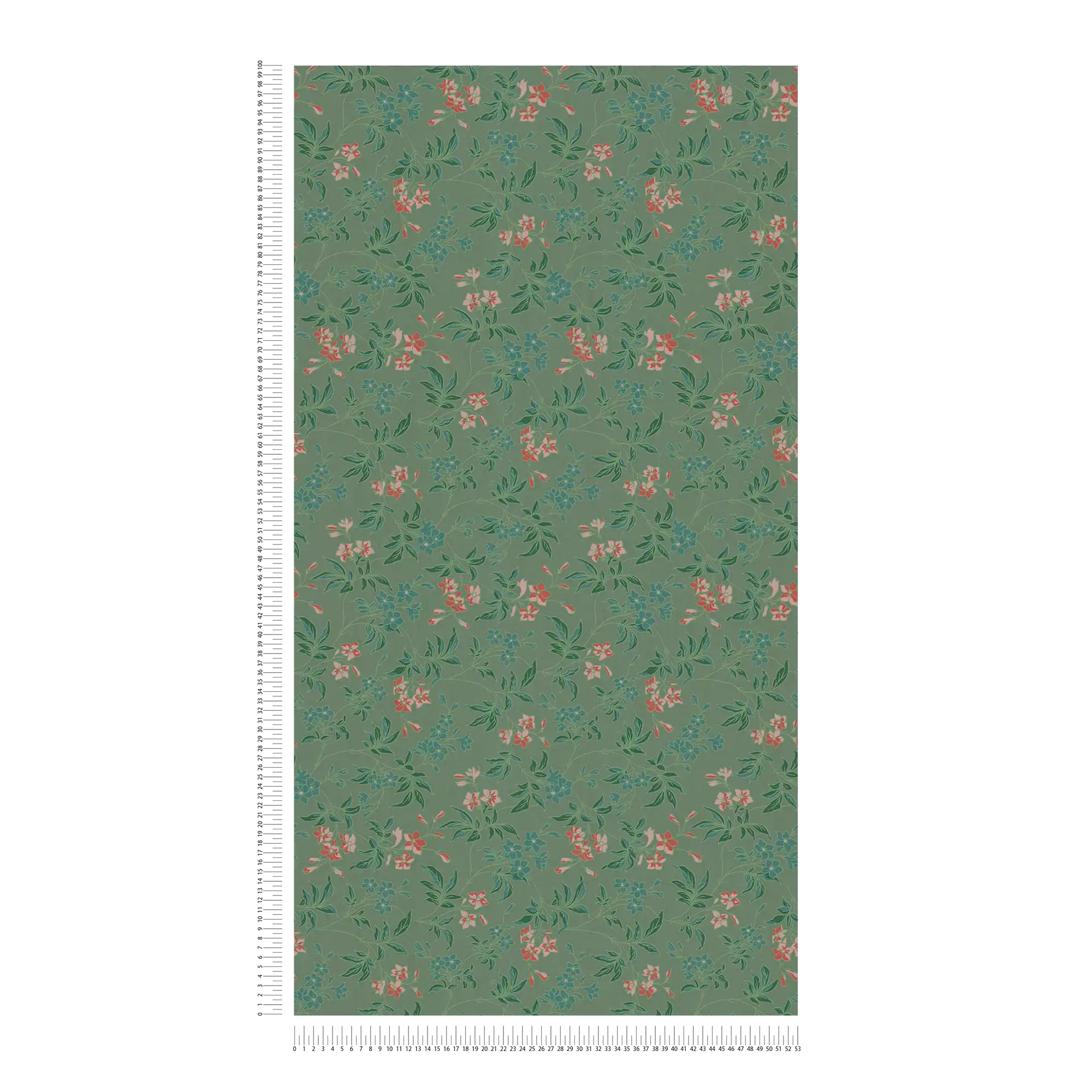 Blumentapete mit Blüten und Ranken – Grün, orange, Rosa