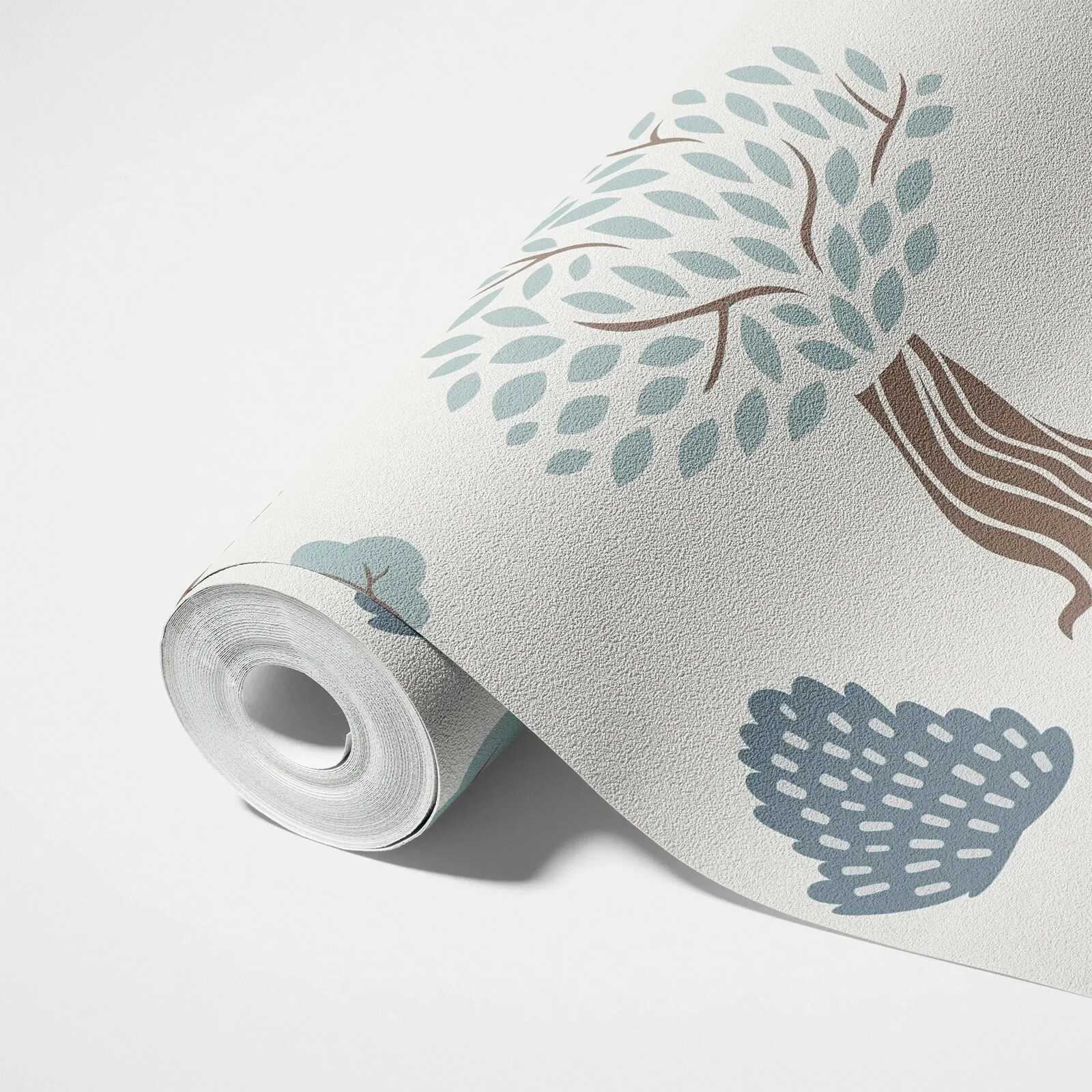 Vliestapete mit minimalen Wald-Motiv mit Bäumen – Creme, Grün, Braun