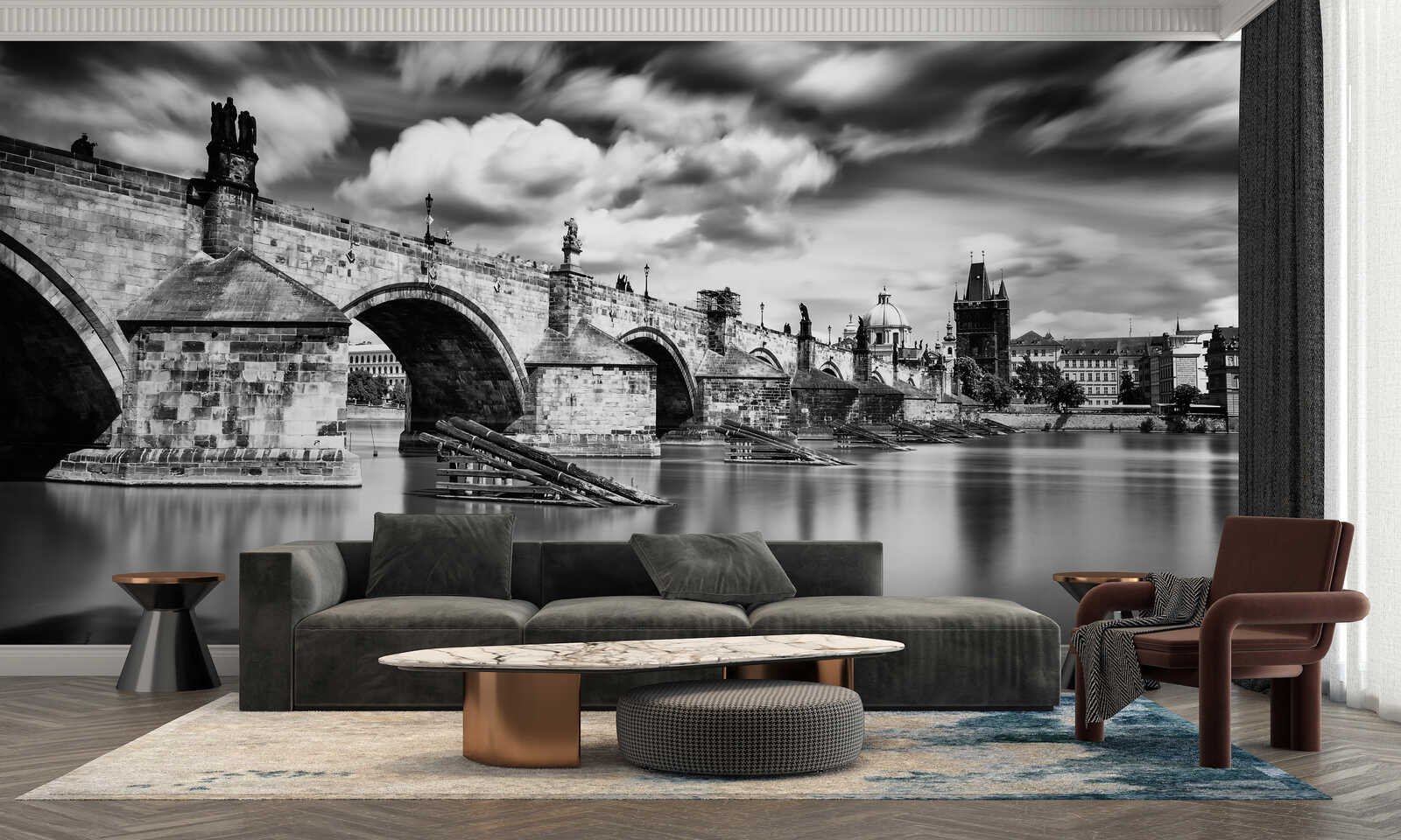 schwarz-weiße mural, arqued bridge, wohnzimmer wandtapete, cityscape mural, berühmte brücke