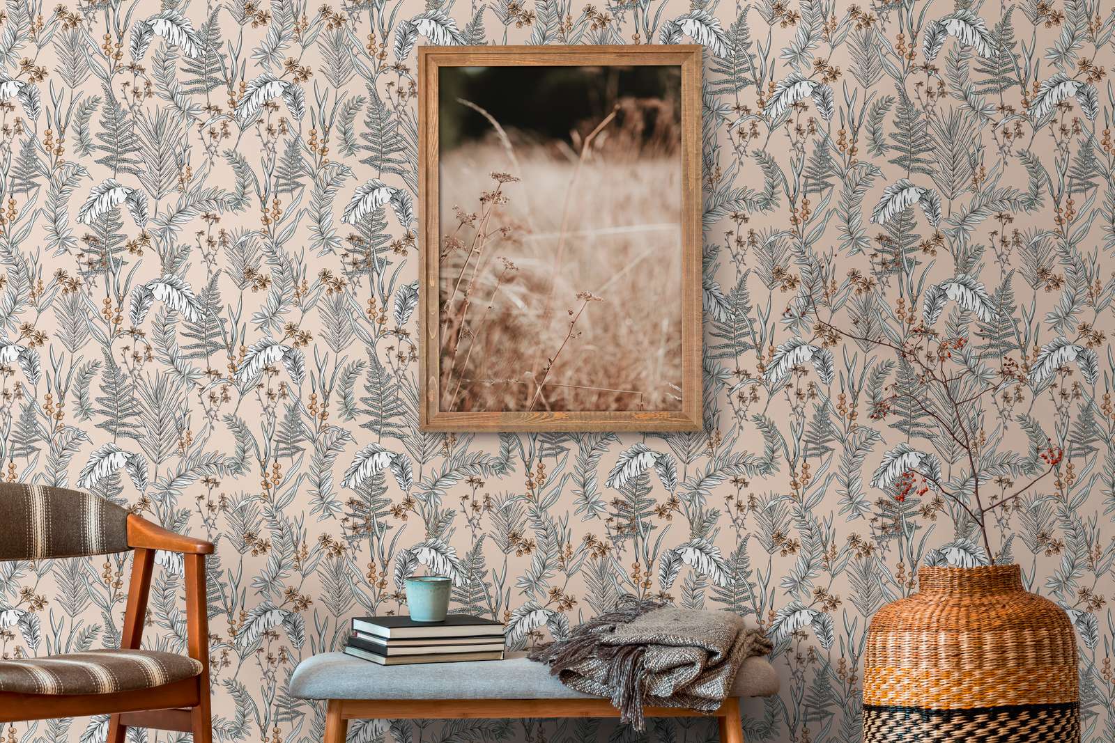             Moderne Tapete Floral mit Blüten & Blättern strukturiert – Rosa, Beige, Weiß
        