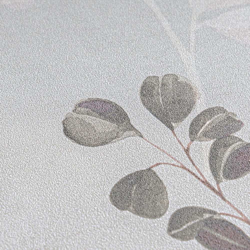             Stilvolle Vliestapete mit dezentem, filigranem Blättermuster, einfache Oberflächenstruktur – Grau, Bunt
        