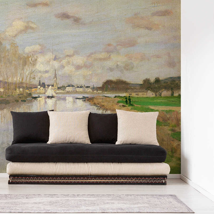 sofa, couch, wandbild, landschaftswandbild, zweifarbige kissen