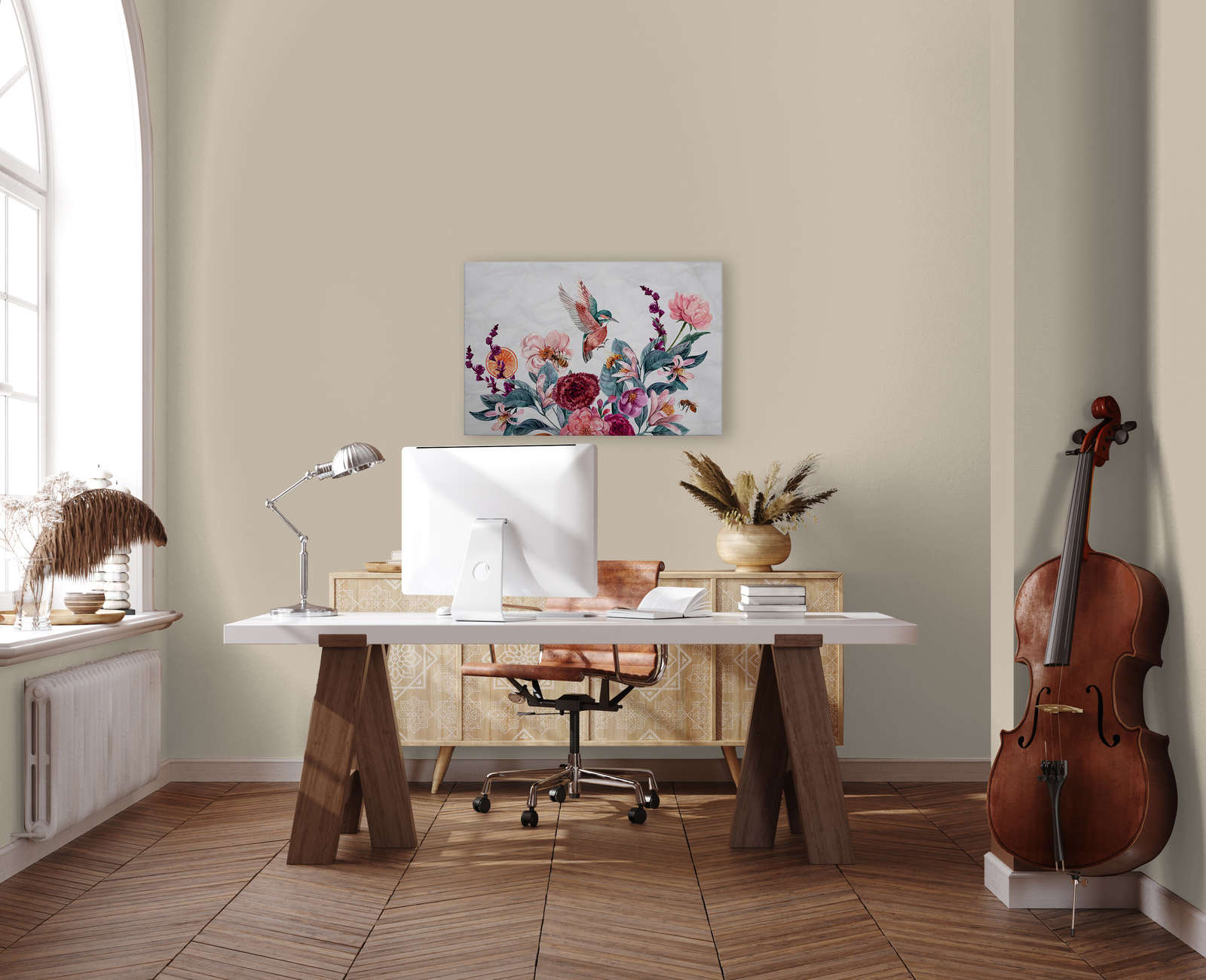             Leinwandbild Blumen & Vögel auf 3D Hintergrund – 0,90 m x 0,60 m
        