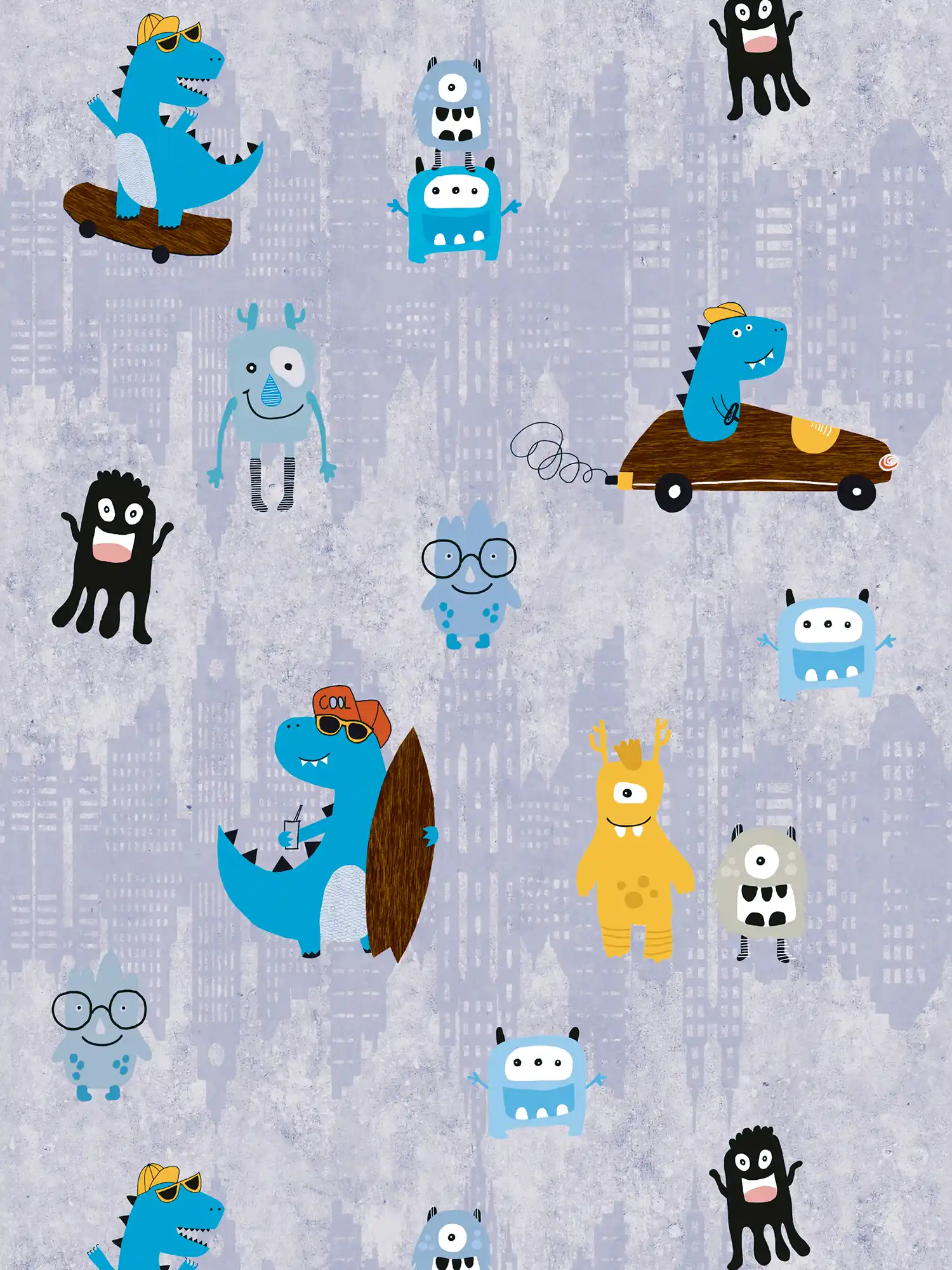         Boys wallpaper nursery monster comic - blue, yellow, brown
    