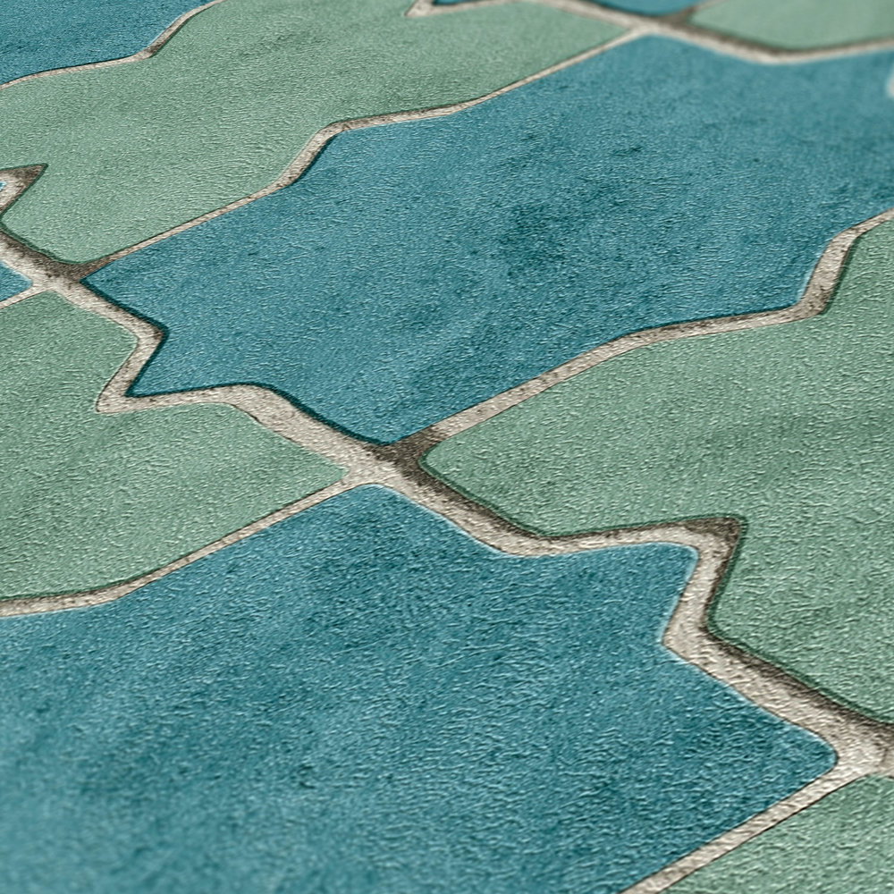             Fliesen-Tapete Mosaik-Optik – Blau, Grün, Beige
        
