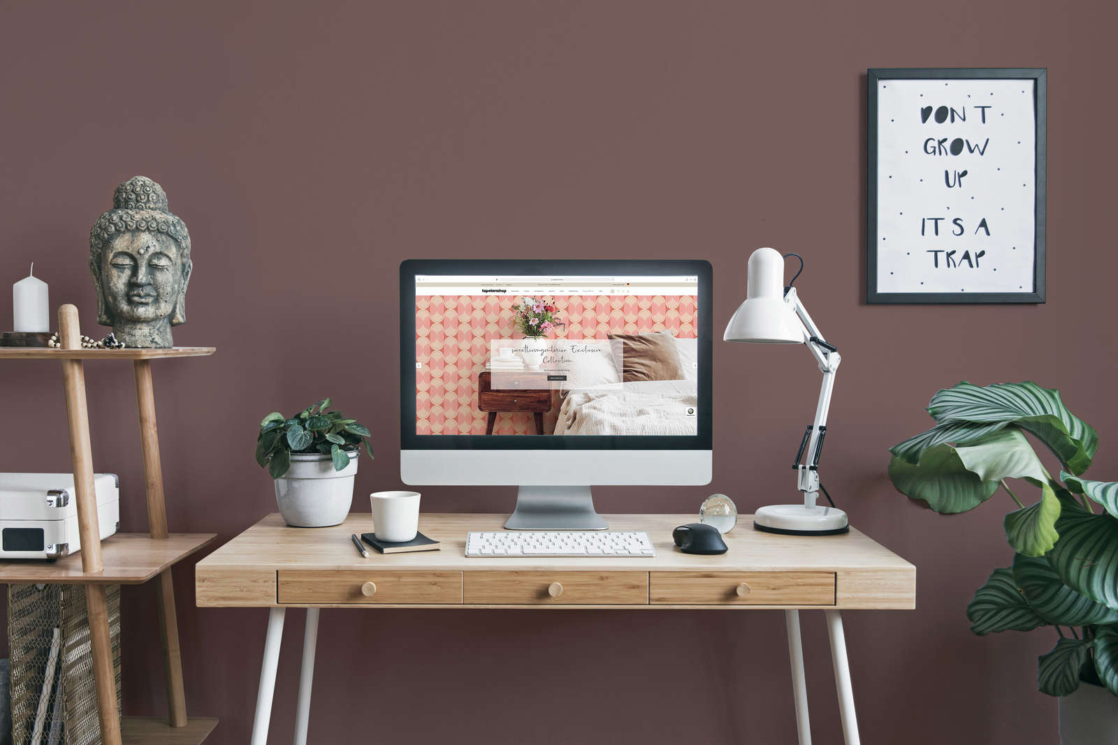 desk, monitor, computer, lamp, plant