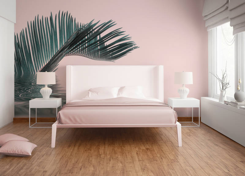 pink wall, king bed, wood floor, pink bedding, plant mural