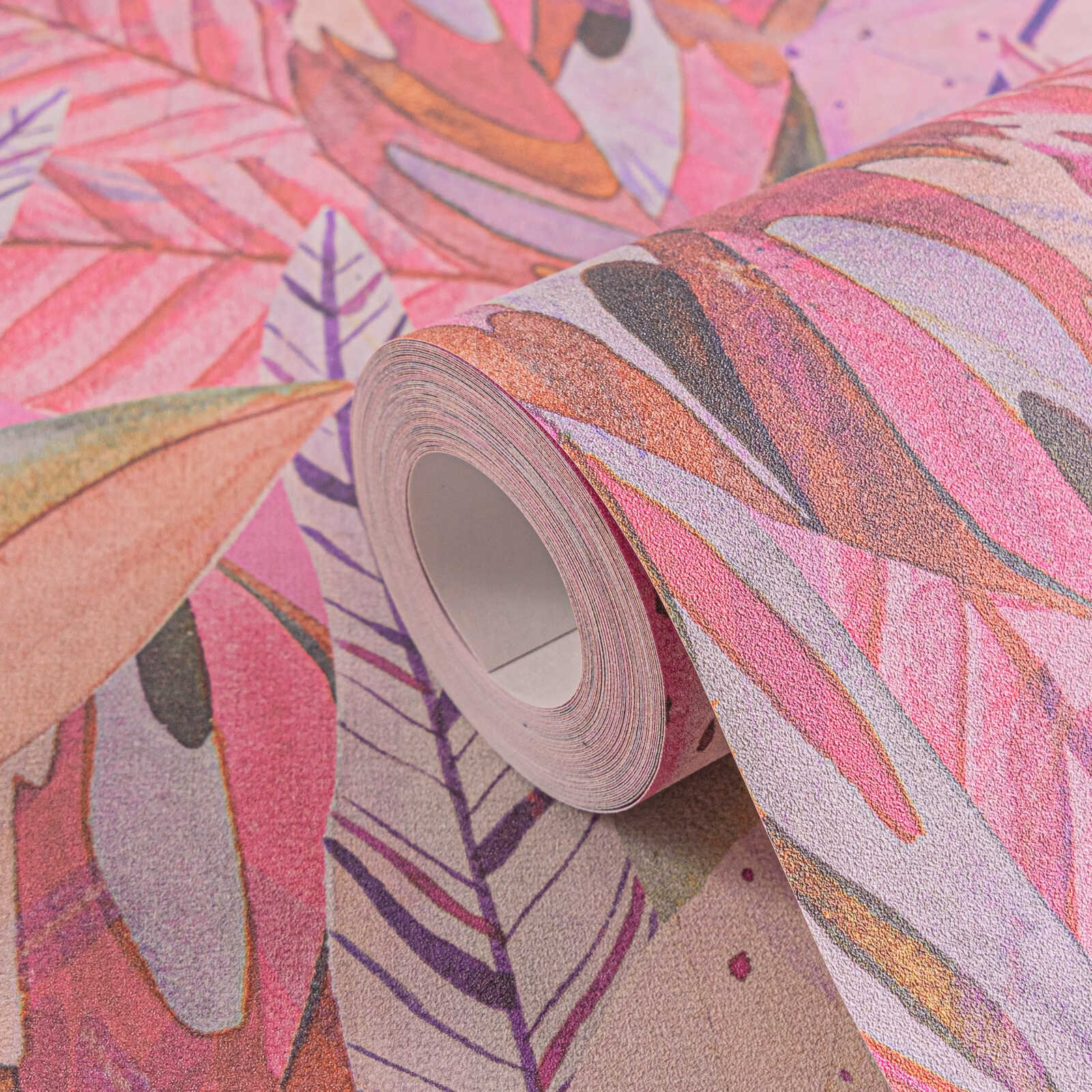             Auffällige Vliestapete mit leuchtendem Blättermotiv und leichter Oberflächenstruktur – Bunt
        