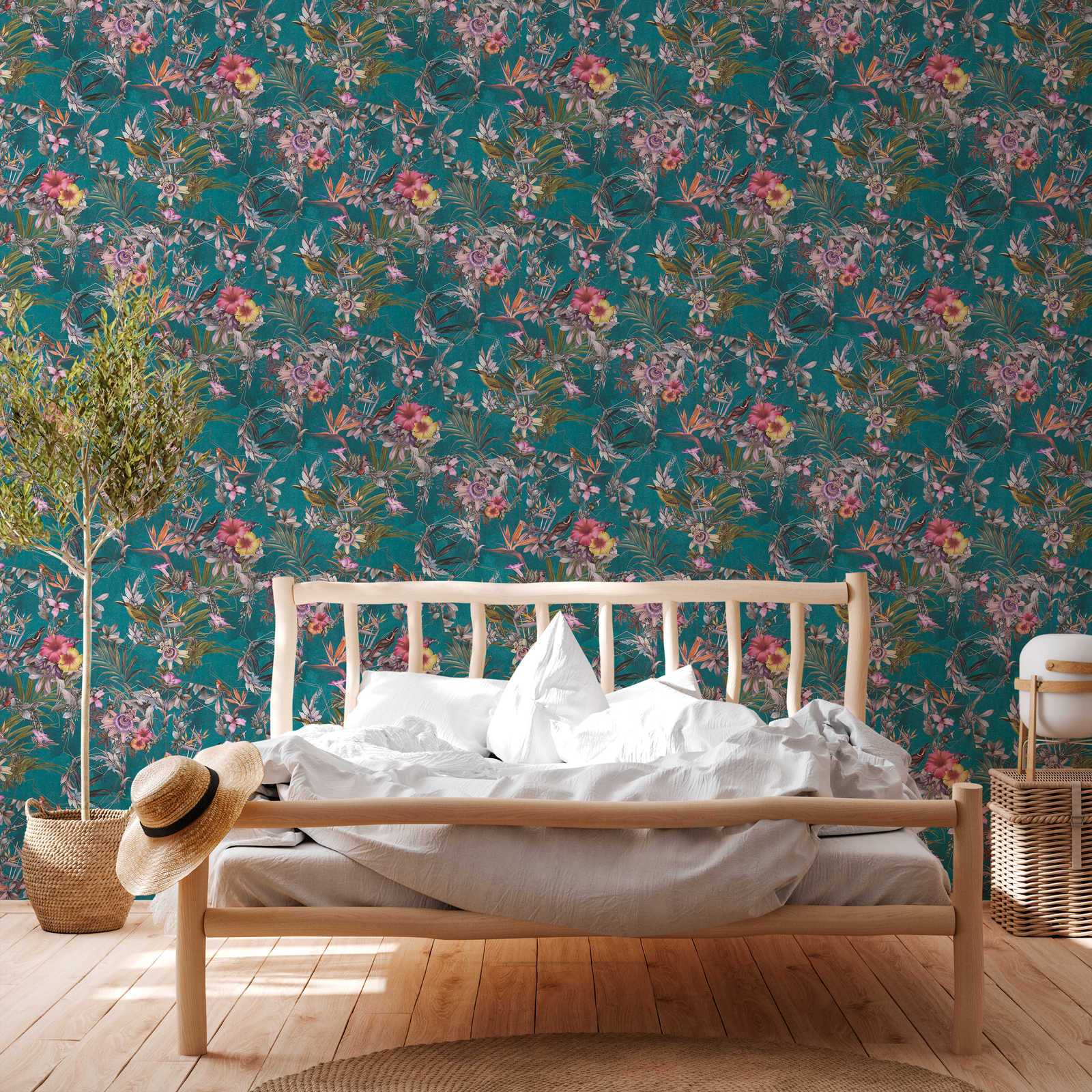             Jungle wallpaper tropical flowers & birds - turquoise, green, colourful
        
