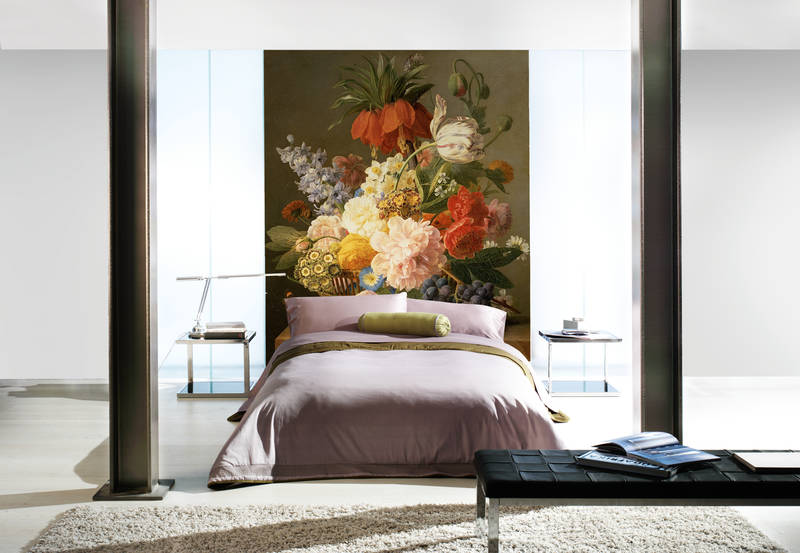 bett, bettwäsche, florales muster, pflanzenmotiv, wandtapete