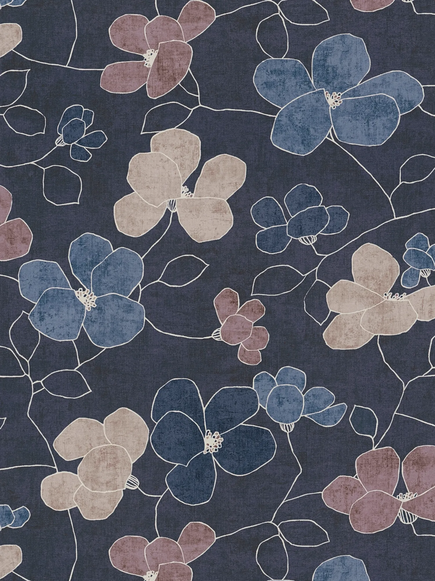 Floral non-woven wallpaper matt, subtly designed and finely textured - blue, grey, purple
