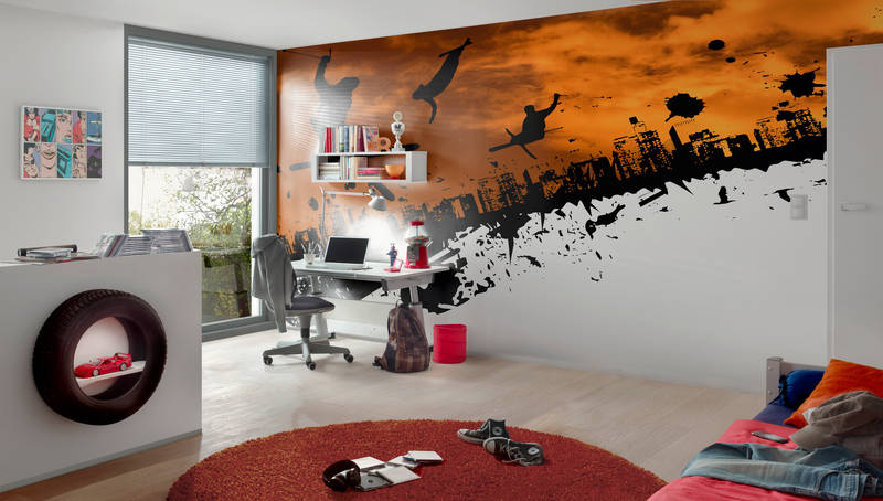 Kinderzimmer, Arbeitsplatz, Wandtattoo, Roter Teppich, Laptop