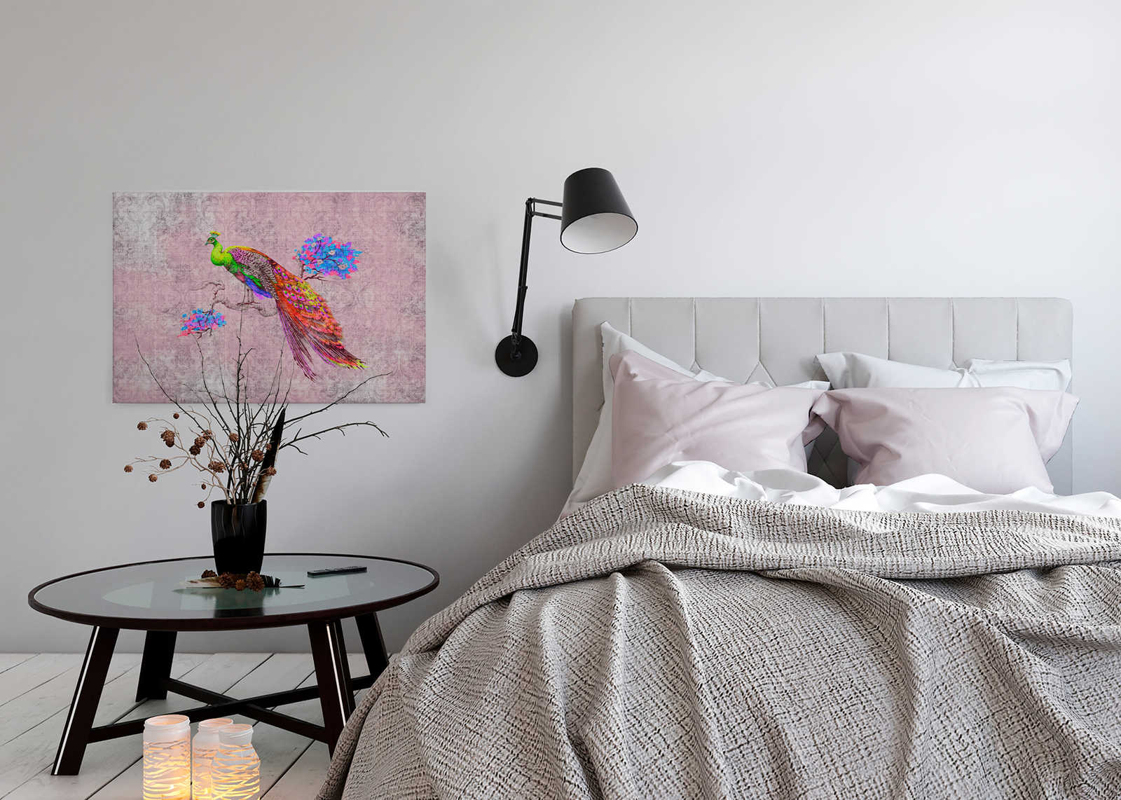 Peacock 2 - Leinwandbild mit Pfau Motiv &amp; Ornament Muster in naturleinen Struktur – 0,90 m x 0,60 m