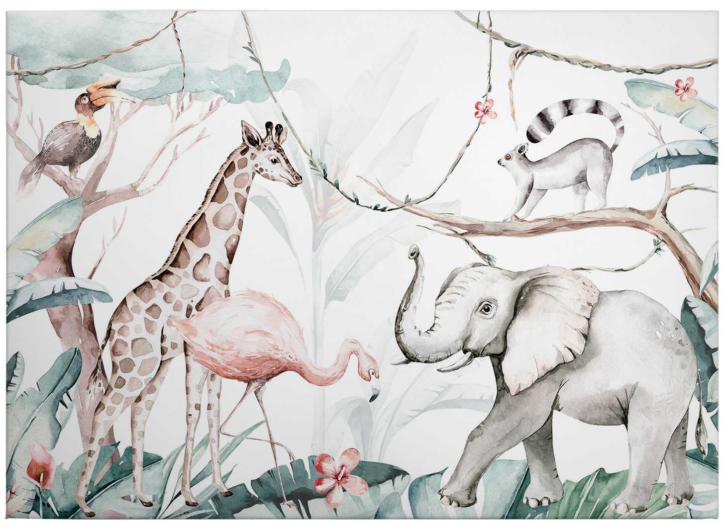 Kinder Leinwandbild Dschungeltiere Aquarell von Kvilis – 0,70 m x 0,50 m