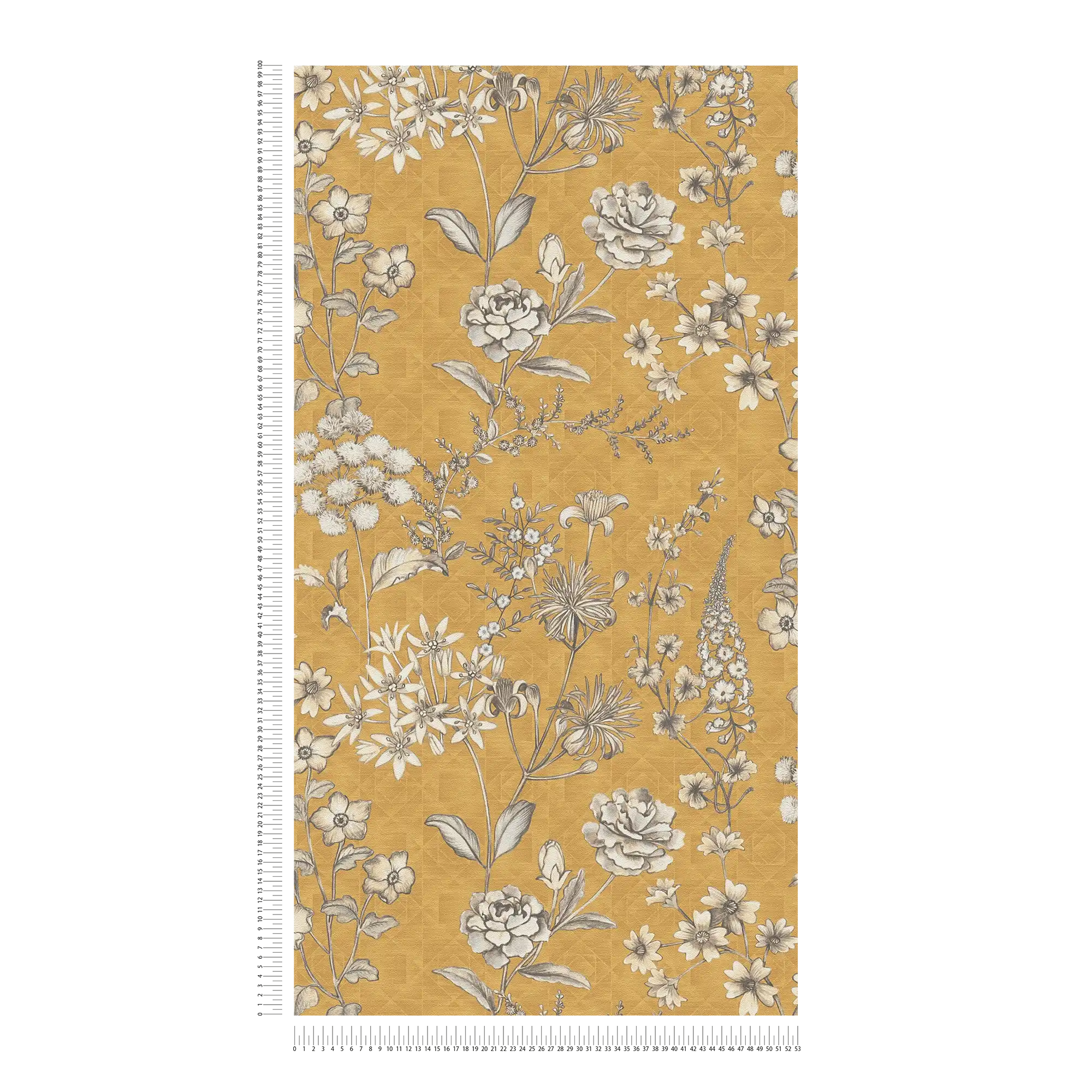             Vintage Vliestapete mit Blumenmuster – Gelb, Weiß, Grau
        
