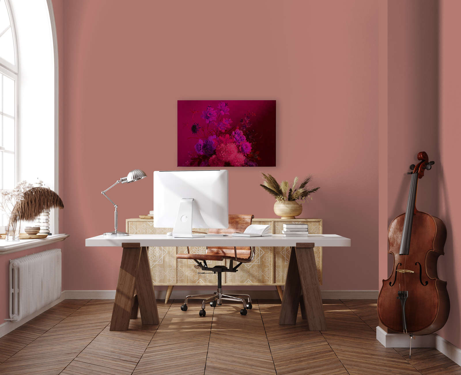             Neon Leinwandbild mit Blumen Stillleben | Bouquet Vibran 2 – 0,90 m x 0,60 m
        