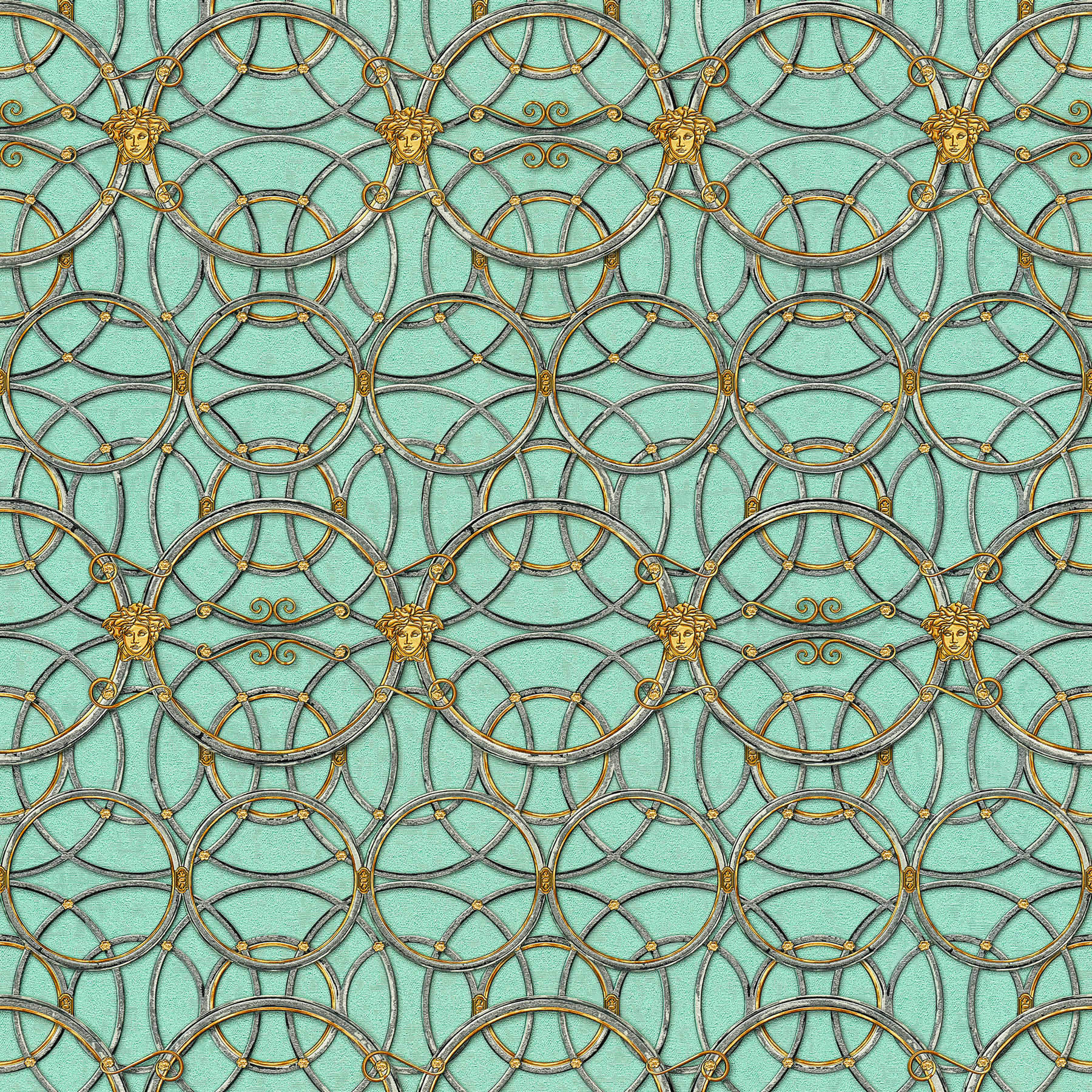         VERSACE Home behang cirkelpatroon en Medusa - groen, goud, zilver
    