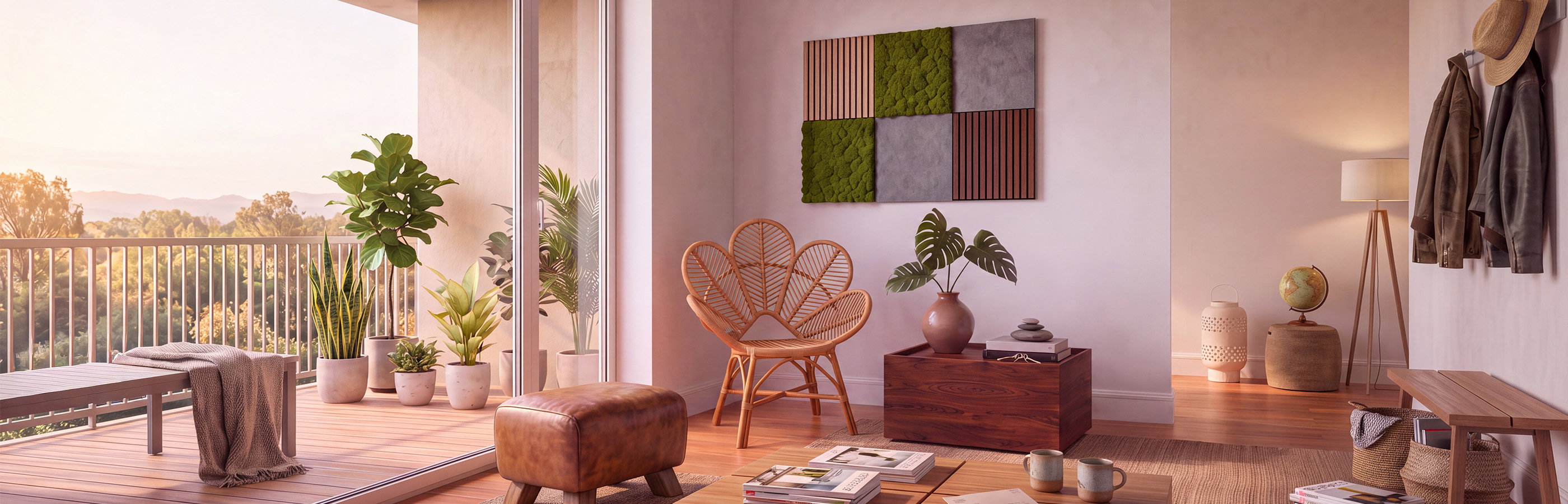 wohnzimmer, pflanzen, bodenlampen, hocker, kunstwerk