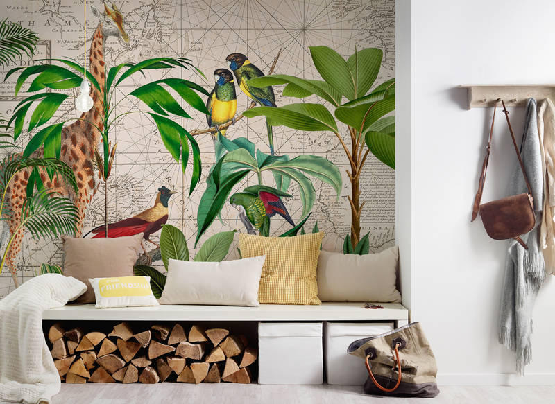 Mural-Tapete, Pflanzenwald, Papageien, Giraffen, Sitzbank-Schrank