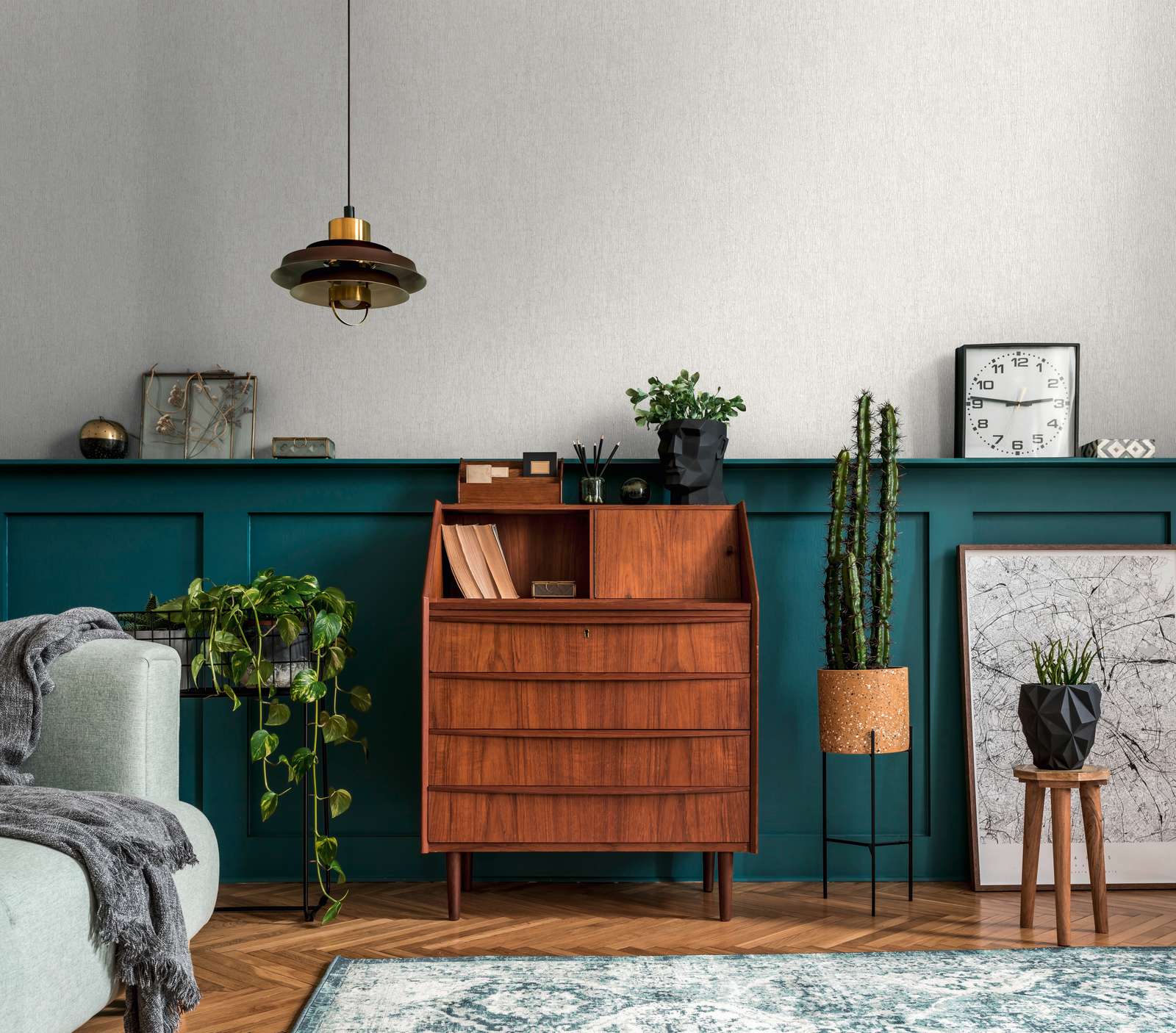             Vliestapete in Textiloptik leicht glänzend – Weiß, Grau, Silber
        