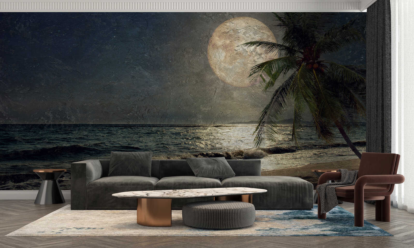 wandbild, meer, palme, nacht, sofa